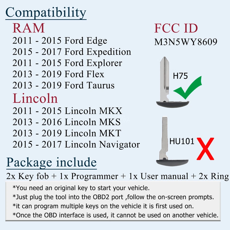 2 дистанционных умных брелока + программатор для 2013 -2 019 Ford Taurus Flex Lincoln MKT - Изображение 2 из 4