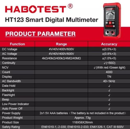 HABOTEST HT109L Digital Multimeter 4000 Counts 600V DC AC Voltage Measurement - Picture 9 of 9