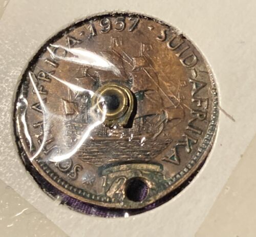 1957 1/2 Penny South Africa Coin Distressed 2 Holes Queen Elizabeth 11 Bronze