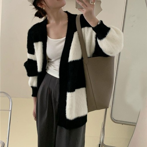 Floral Print Cardigan Women Autumn Winter Female Artificial Mink Wool Cardigan Loose Sweater Coat Fashion Knit Jacket Outwear