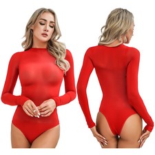 DE Damen Langarm Durchsichtig Nylon Bodysuit Einteiler Stringbody Tops Oberteil