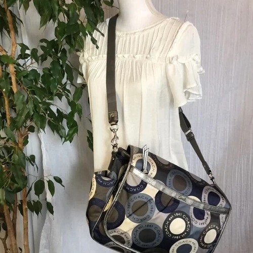 COACH Signature Snaphead gray blue messenger bag diaper bag college crossbody - Picture 7 of 16