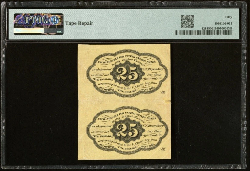 UNCUT PAIR 1862 FIRST ISSUE 25c Fractional Currency FR 1281 Civil War, PMG AU 50 - Image 2 of 4