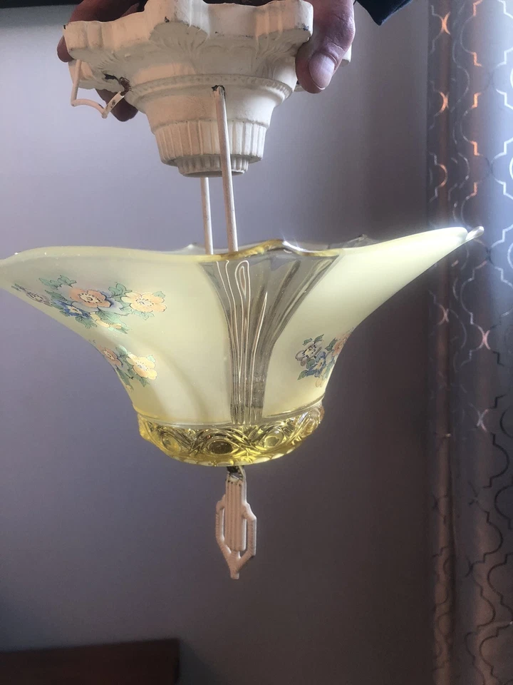 Art Deco Vintage Chandlier  - flush mount. Painted floral on yellow glass globe - Image 2 of 4