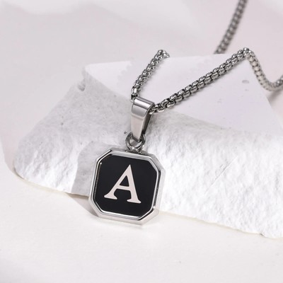 A-Z Anfangsbuchstabe geometrischer Anhänger & kubanische Seilkette [Edelstahl]