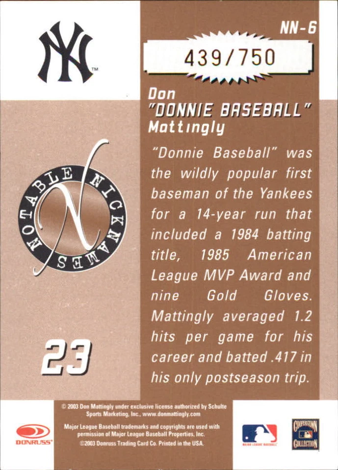 2003 Donruss Signature Notable Nicknames #6 Don Mattingly /750 New York Yankees - Image 2 of 2