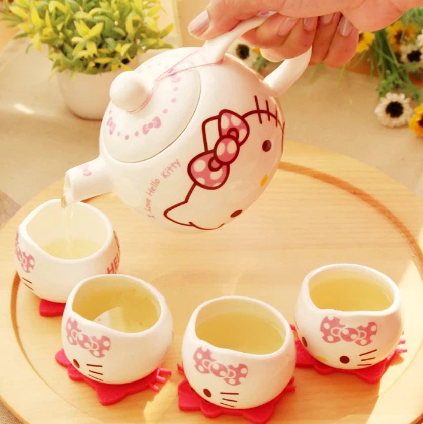 kawaii hello kitty ceramics tea set pot cups family time cute gift