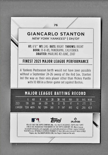 GIANCARLO STANTON 2022 Topps Finest Baseball Card No. 76 ⭐ NEW YORK YANKEES - Picture 2 of 2