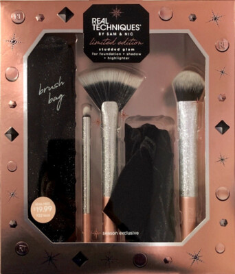 REAL TECHNIQUES Studded Glam Brush Set Limited Edition with Brush Bag & Headband