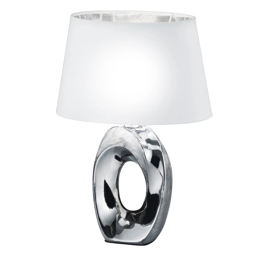 Lampada Da Tavolo LED In Tessuto Argento-Bianco Per Camera Da Letto In Ceramica - Immagine 2 di 4