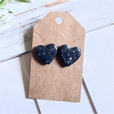Handcrafted Polymer Clay Heart Stud Earrings Black Silver Art Theme