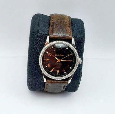 Philip Persio Men's Quartz Dress Watch Black Dial Brown Leather Strap Gold Tone