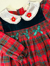 VTG Toddler Girl Smocked Bubble Romper Embroidered 24 M Plaid Lace Collar Ruffle