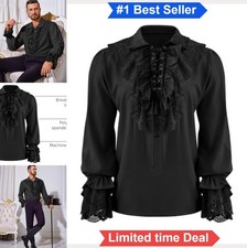 Men Pirate Shirt Renaissance Medieval Costume Top Long Sleeve Lace Up Ruffled