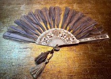 Vintage Celluloid Lace Purple Gold Hand Folding Fan w/ carved inlay 9 x16