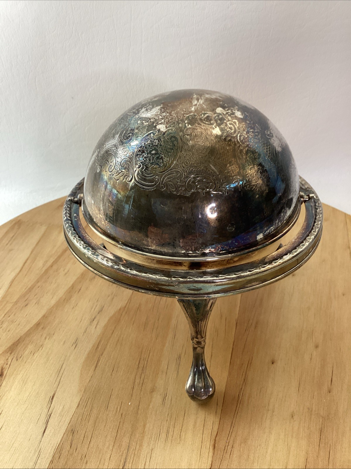 Vintage Silverplate Butter Caviar Server Swivel Dome Top  Filigree Legs England