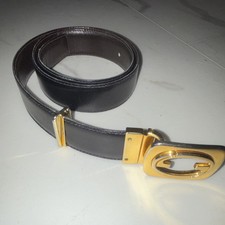 GUCCI Brown Dress Belt Gold Buckle Unisex Reversible Designer Gold Tone Hardware