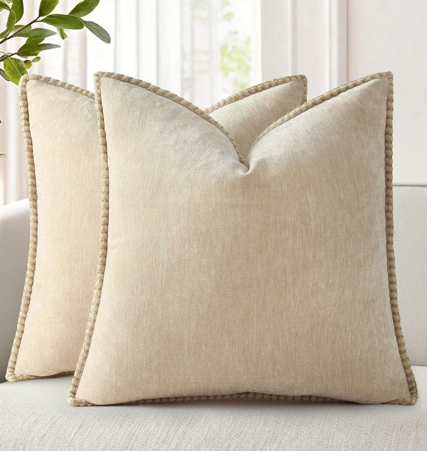 decorUhome Chenille Soft Throw Pillow Covers 18x18 Set of 2, Farmhouse Beige 