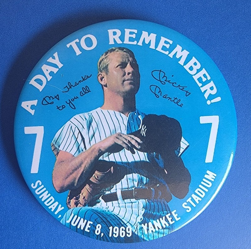 MICKEY MANTLE 4" PIN A DAY TO REMEMBER SUNDAY, JUNE 8, 1969 YANKEE STADIUM *WOW*