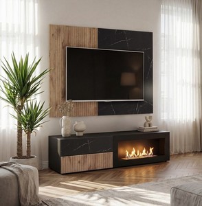 Pared de salón CANNES CS1 con frontal ranurado y chimenea de bioetanol y push - click