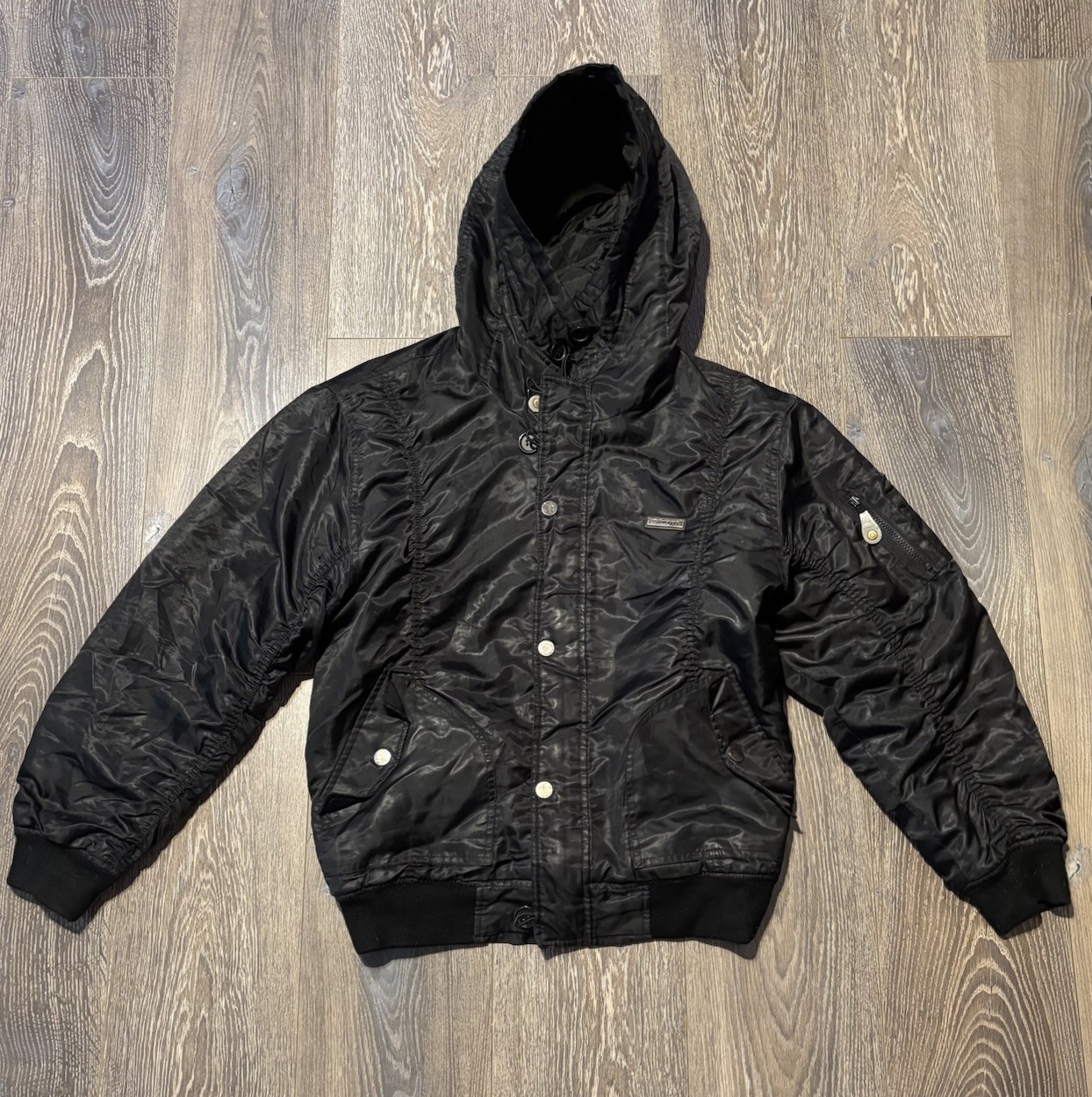 Southpole Men's XL Black Hooded Bomber Jacket Button Zip Logo Accent Short