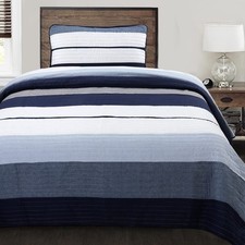 Cozy Line Home Fashions Tranquil Blue Gray Striped 100 Cotton Quilt Bedding Set