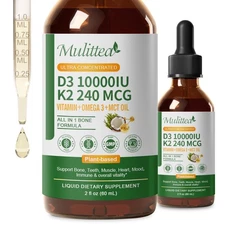 2 Pack Organic Vitamin D3 K2 Liquid w/ Vegan Omega-3  Coconut MCT Oil, 10000 ...