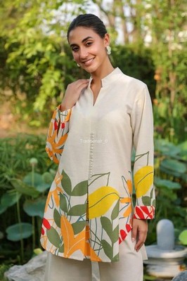 Women's Off-White Tropical Print Co-ord Set - Notched Collar Tunic and Wide-Leg