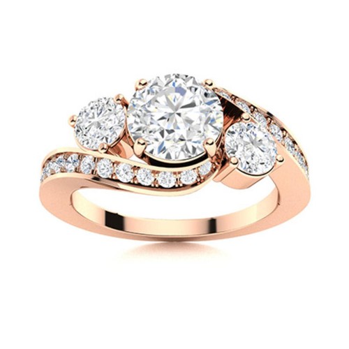 925 Silver Rose Plated Round White Topaz & white Topaz Three Stone Women Ring