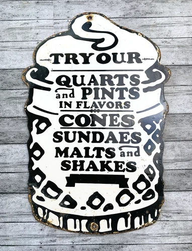 VINTAGE 12x8" ICE CREAM CUP PORCELAIN GASOLINE OIL SODA POP PUMP GAS PUMP SIGN