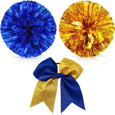 3 Pcs 12 Inch Pom Poms Cheerleading and Bow, Blue and Gold