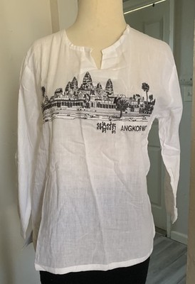 Unisex Top 100% Cotton Khmer Angkor Wat Hippie V-Neck Beach Yoga T-Shirt Size M