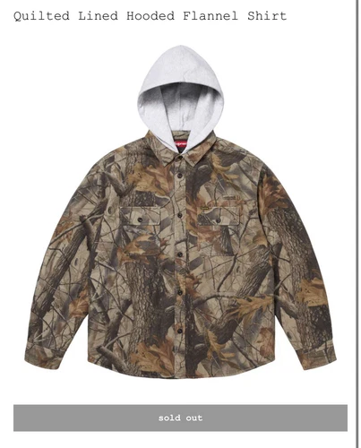 Supreme SS25 matelassé doublé capuche camouflage flanelle Realtree moyen EXPÉDIÉ AUJOURD'HUI