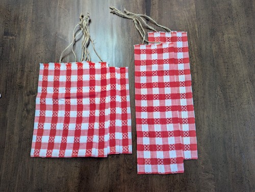SET/6 fabric Flat POUCHETS/BAGS hm w/Up-cycled VTG Tablecloth w/RED-WHITE Checks