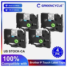 4PK TZ 211 TZe211 Black on White Label Tape For Brother P-touch PT-D400 6mm 1/4"