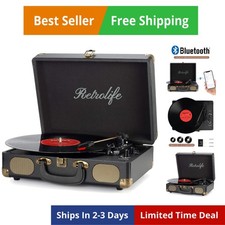 Vinyl Record Player 3-Speed Bluetooth Suitcase Portable Belt-Driven Record Pl...