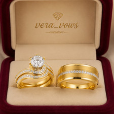 Attractive 2Ct Moissanite Pass Test 14K Yellow Gold Plated His/Her Trio Ring Set