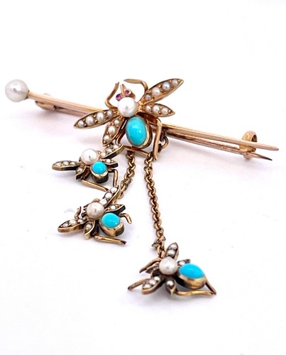 Victorian Turquoise and Pearl Triple Fly Brooch 14K - Picture 7 of 12