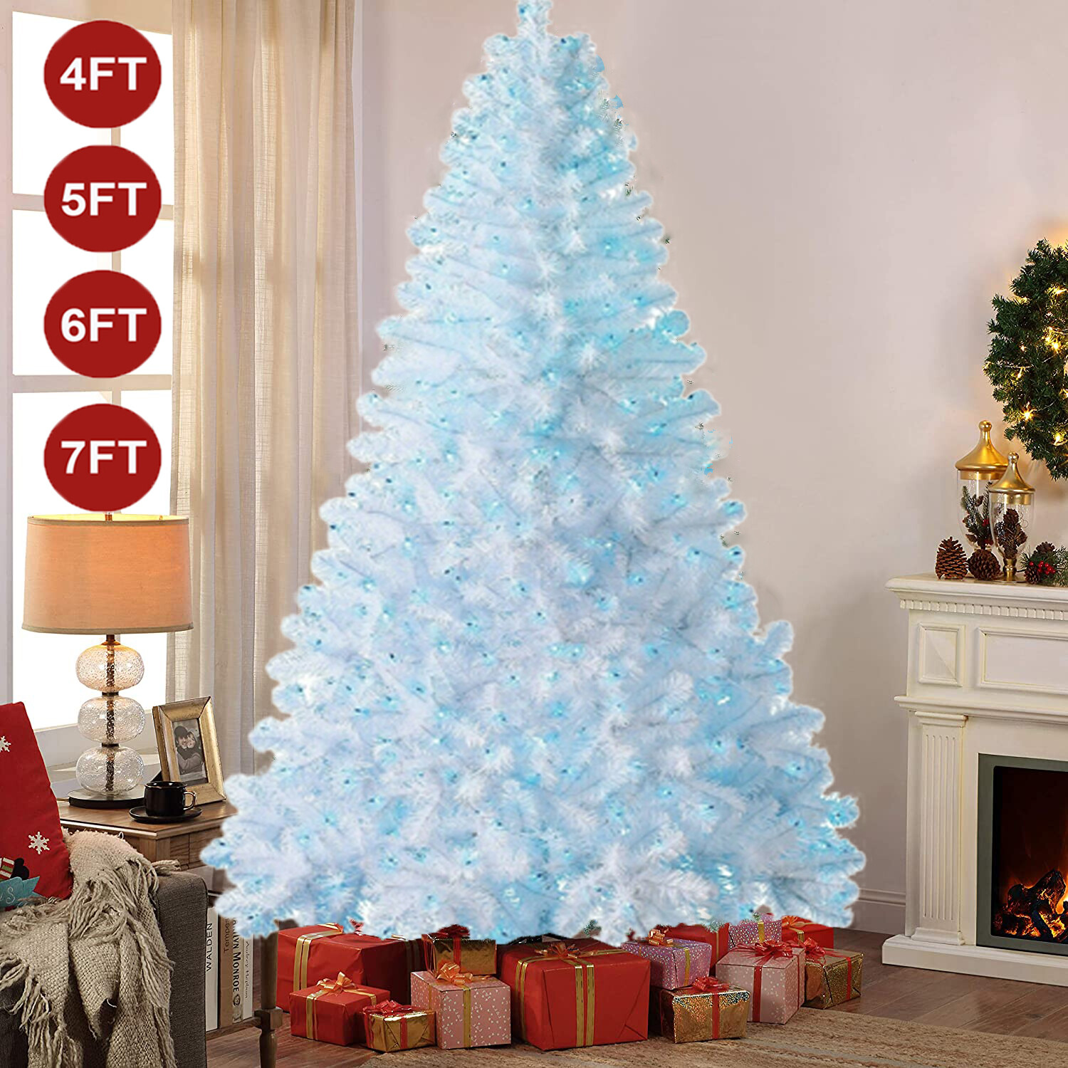Christmas Tree Artificial 4/5/6/7ft Spruce Deluxe With Blue LED Lights and Stand