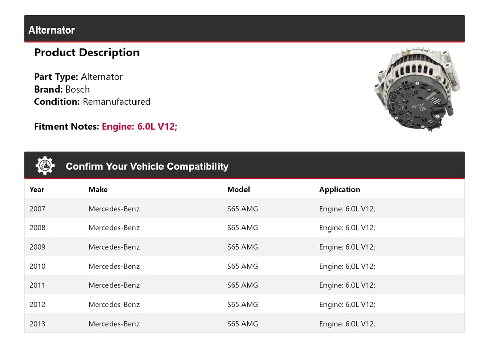 Alternador Bosch para Mercedes S65 AMG 2007-2013 6,0 L V12 (remanufacturado) 2008 Foto 2 de 4