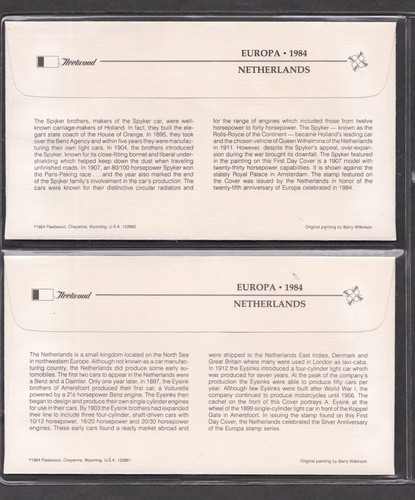 NETHERLANDS 1984 2 FLEETWOOD FIRST DAY COVERS EUROPA BRIDGE + AUTOMOBILE CACHET - Picture 2 of 2