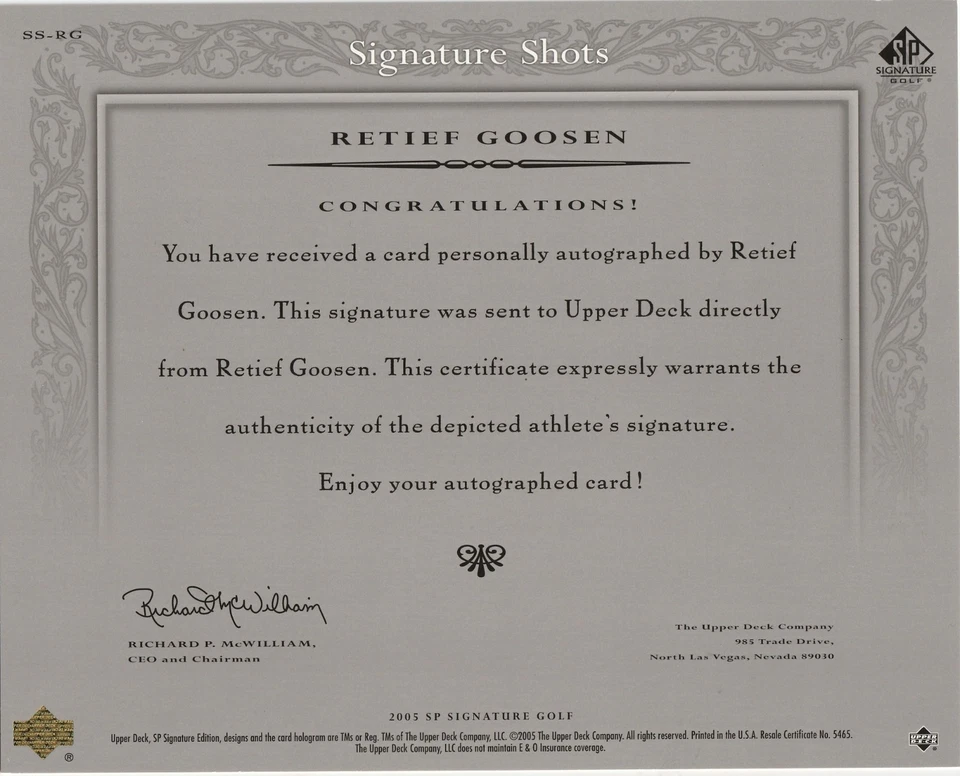2005 UD SP SIGNATURE GOLF SIGNATURES SHOTS 8x10 AUTO PGA - RETIEF GOOSEN - Image 2 of 2