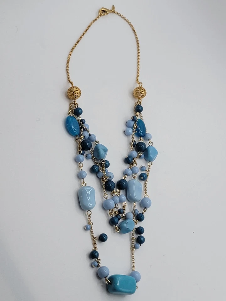 AVON Silver Plated Gold Toned Multistrand Layered Blue Beaded Choker Necklace — 第 3/4 张图片