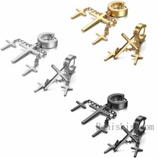 Pair Mens Womens Stainless Steel Dangle Cross Ear Stud Hoop Huggies Earring Punk