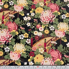 Kona Bay 2007 Metallic Asian Inspired Florals Black Cotton HALF YARD Remnant