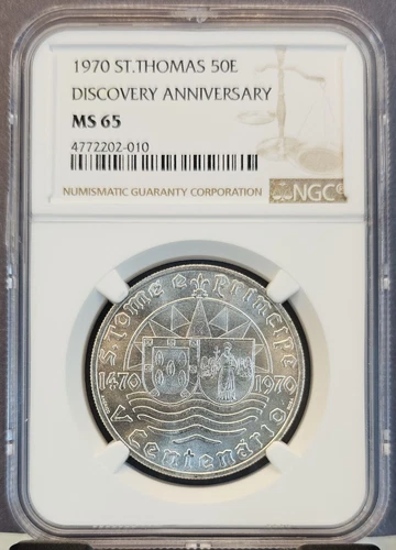 1970 SAINT THOMAS & PRINCE SILVER 50 ESCUDOS DISCOVERY ANNIVERSARY NGC MS 65 GEM