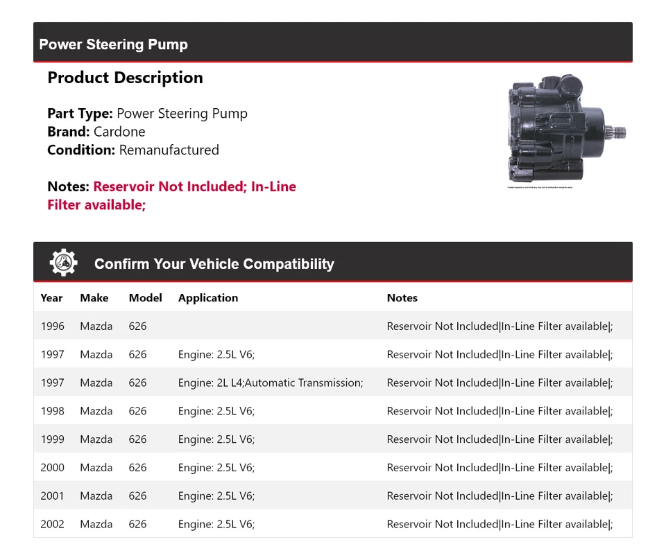 Bomba de dirección asistida Cardone para Mazda 626 1996-2002 1997 1998 1999 2000 2001 Foto 2 de 4