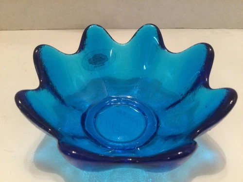 Vintage Blenko Blue Glass Lotus 8 Petal Bowl Signed & Label