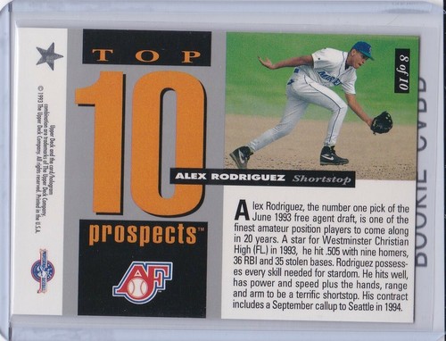 ALEX RODRIGUEZ ROOKIE CARD 1994 Upper Deck TOP TEN PROSPECTS Baseball AROD RC! - Picture 2 of 2