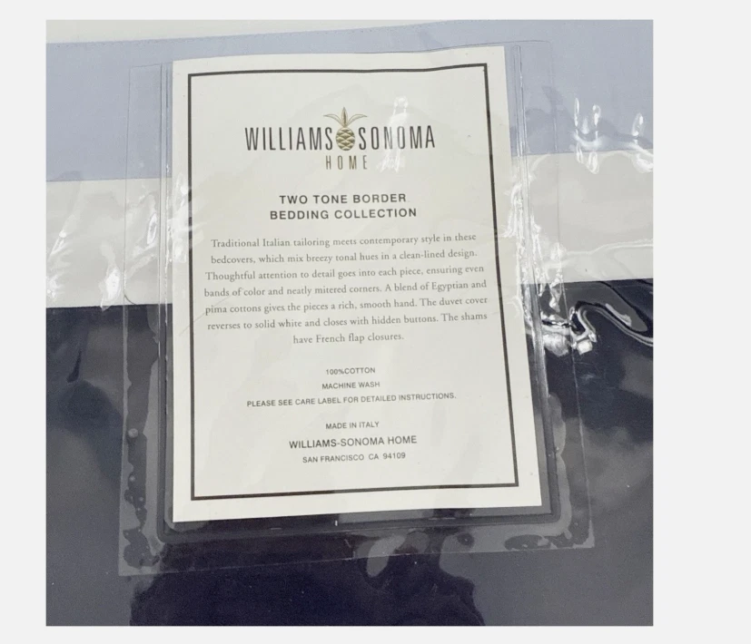 Williams Sonoma Duvet Cover and Shams Two Tone Border Twin Blue White Italy - Image 3 of 3